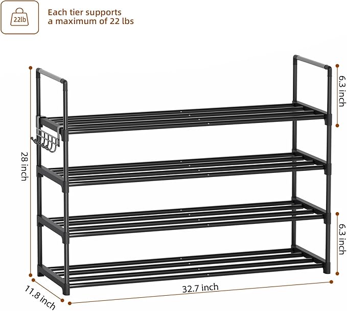 Metal Shoe Rack - 4-Tier Shoe Organizer with Adjustable Shelf Height, Sturdy Shoe Storage Shelf, Perfect for Front Door Entrance, Closet & Entryway, Easy to Assemble, DIY Layering Options (M - 4 Tier)