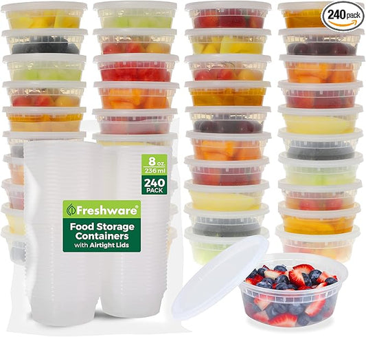 Freshware Food Storage Containers [240 Set] 8 oz Plastic Deli Containers with Lids, Slime, Soup, Meal Prep Containers, BPA Free, Stackable, Leakproof, Microwave, Dishwasher and Freezer Safe