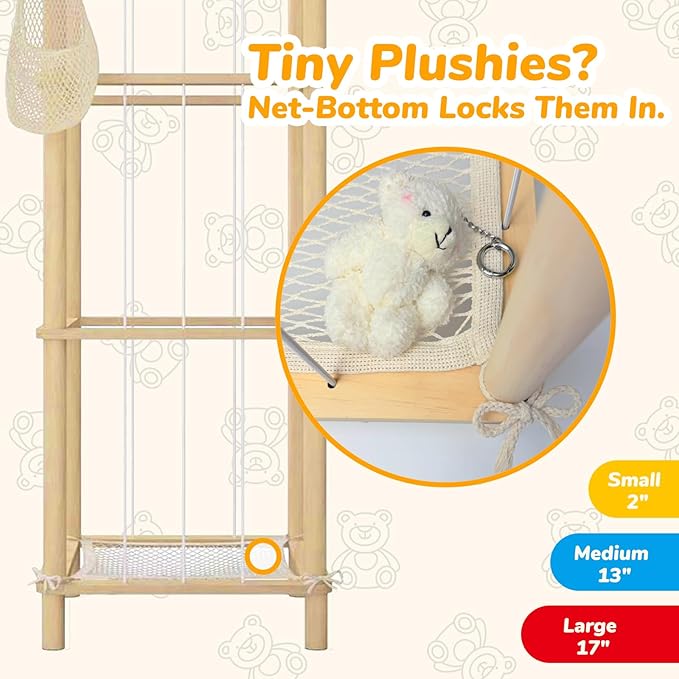 Stuffed Animal Storage or Organizer, Wooden Zoo Cage Toy Holder with Plush Hammock and Net Bottom for Toddlers Playroom, Bedroom