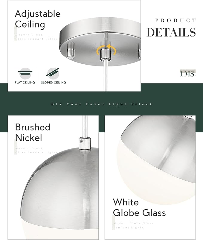 LMS 6-inch Brushed Nickel Pendant Light, Mid Century Kitchen Island Pendant Light Fixtures with White Globe Glass, Adjustable Hanging Light for Dining Room Bedroom Bathroom, LMS-186BNS