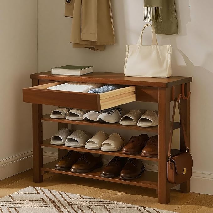 Wood Shoe Bench Entryway with Drawer: 3-Tiers Wooden Storage Shoe Rack with Bench Seat, Compact Mid-Century Modern Design for Entryway,Hallway,Closet,Front Door Entrance,Foyer Walnut 31.5"