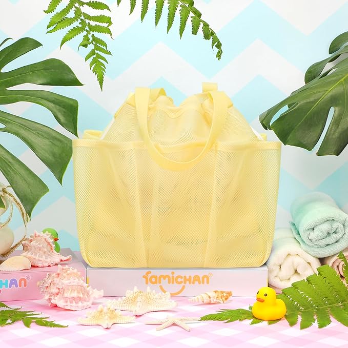 Mesh Shower Caddy Portable with Drawstring, Dorm Room Essentials for College Students Girls & Boys, Large Shower Bag for Camping,Swimming,Gym,Travel,Bathroom - Yellow