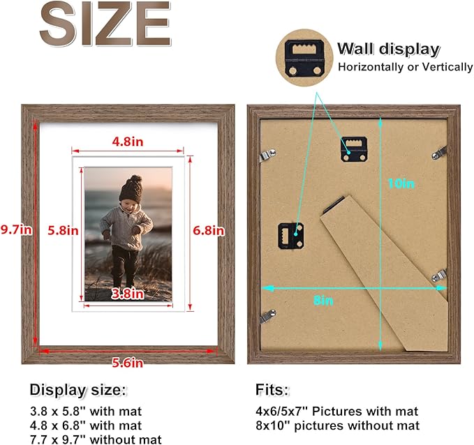 KINLINK 8x10 Picture Frame Rustic brown, Solid Wood Frames with Acrylic Plexiglass for Pictures 4x6/5x7 with Mat or 8x10 without Mat, Tabletop and Wall Display Photo Frame, Set of 4