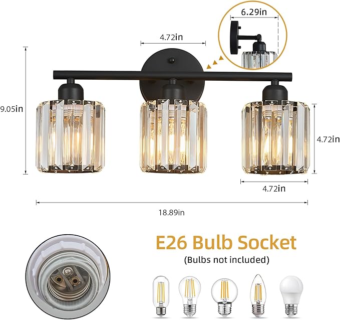 Modern 3 Light Crystal Vanity Light, Black Vertical Bathroom Light Fixture Over Mirror for Dressing Table Sink, Compatible with Dimmable Bulbs (Bulbs Not Included)