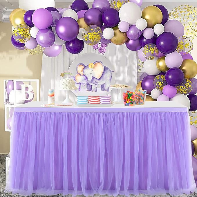 Suppromo 6ft Purple Table Skirt for Baby Shower Girl Tulle Tutu Table Skirt Rectangle Purple Table Cloth for Parties Butterfly Mermaid Birthday Wedding Cake Dessert Desk Skirt Decorations