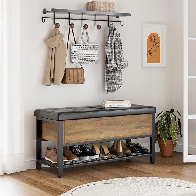 HOSTACK Storage Bench, Entryway Shoe Bench with Flip-Open Storage Box, End of Bed Ottoman Bench with Storage Shelf and Padded Seat for Bedroom, Hallway, Rustic Brown