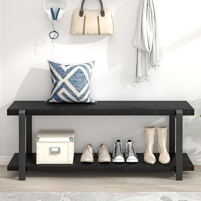 EXCEFUR Entryway Bench, Modern Wood and Metal Storage Bench for Hallway, Industrial Indoor Shoe Rack Bench Seat for Living Room Bedroom, Black Oak 47 Inch Long