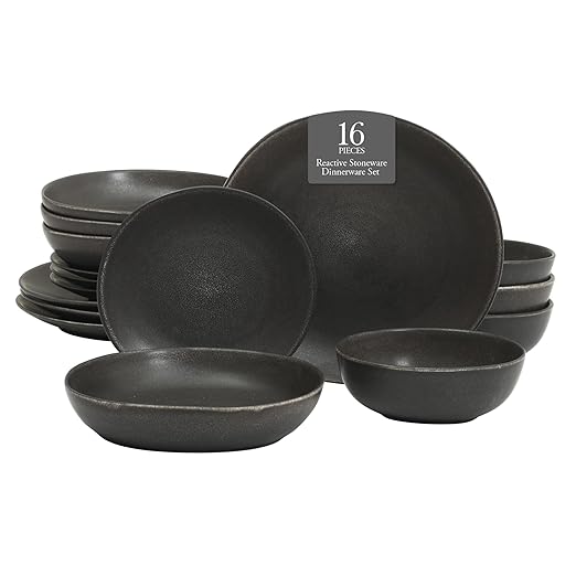 Gibson Elite Zion Mist 16 Piece Stoneware Reactive Glaze (Service for 4) Ceramic Plates and Bowls Modern Organic Dinnerware Set - Black