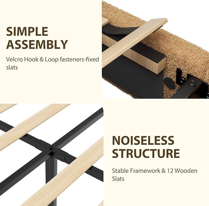 Queen Bed Frame, Teddy Velvet Boucle Bed Frame with 43.3"/45.3" Adjustable Upholstered Headboard, Rounded Corners, Mattress Foundation, No Box Spring Required, Brown