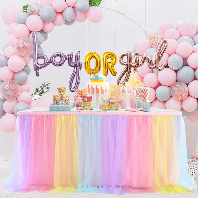 Suppromo Rainbow Table Skirt for Baby Shower Girl Birthday Party 9ft Tulle Tutu Table Skirt Decorations for Gender Reveal Unicorn Theme Party Decorations(L9(ft) H 30in, Rainbow)
