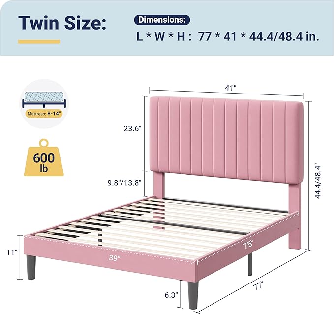 Allewie Twin Bed Frame, Velvet Upholstered Platform Bed with Adjustable Vertical Channel Tufted Headboard, Mattress Foundation with Strong Wooden Slats, Box Spring Optional, Easy Assembly, Pink