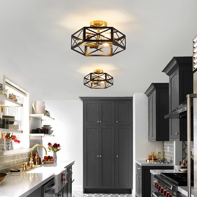Modern Flush Mount Ceiling Light, 3-Light Black Gold Hallway Light Fixtures Ceiling Mount, Industrial Close to Ceiling Light with Metal Hexagon Cage Ceiling Lamp for Kitchen, Bedroom, Bathroom