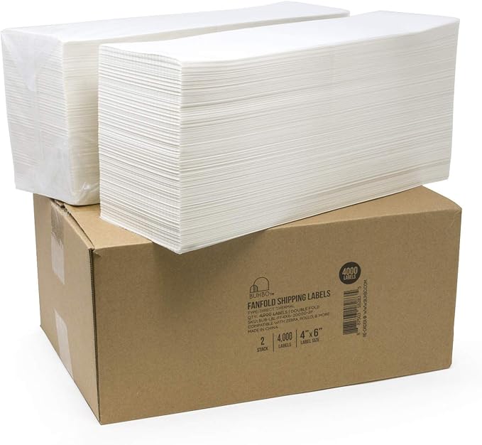 Buhbo 4" x 6" Direct Thermal Labels - Perforated BPA Free - Compatible with Zebra & Rollo Printer - Commercial Grade Shipping (4000 Fanfold Labels - 2 Stacks of 2000)