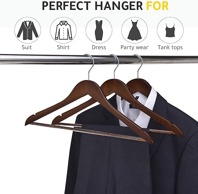 Quality Wooden Hangers - Slightly Curved Hanger 30-Pack Sets - Solid Wood Coat Hangers with Stylish Chrome Hooks - Heavy-Duty Clothes, Jacket, Shirt, Pants, Suit Hangers (Walnut - Chrome Hook, 30)