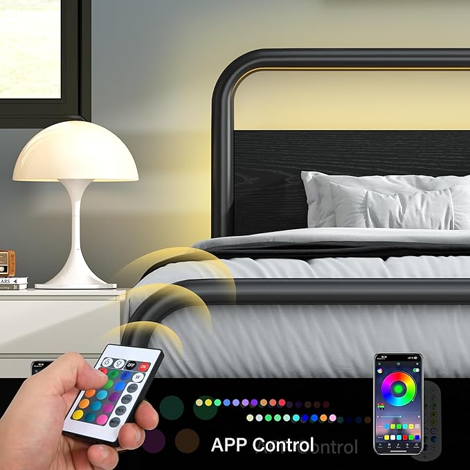 Catrimown Twin Size Bed Frame with LED Lights, Twin Size Platform Bed Frame with Under Bed Storage, Heavy Duty Metal Rustic Bed Frame with Wood Headboard, Noise Free, No Box Spring Needed, Black