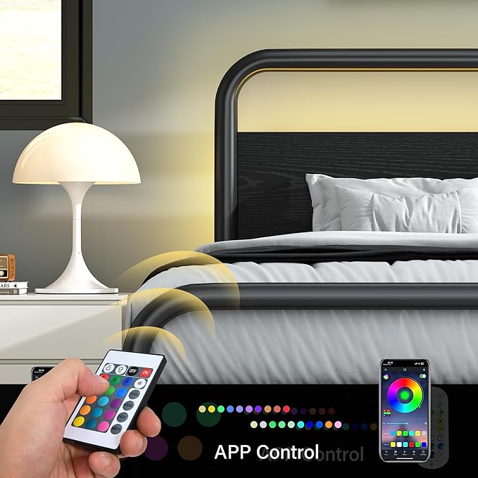 Catrimown Queen Bed Frame with Headboard LED Bed Frame Queen Size Heavy Duty Metal Rustic Bed Frame Queen Size Wood Platform Bed Frame Under Bed Storage Noise Free No Box Spring Needed (Black, Queen)