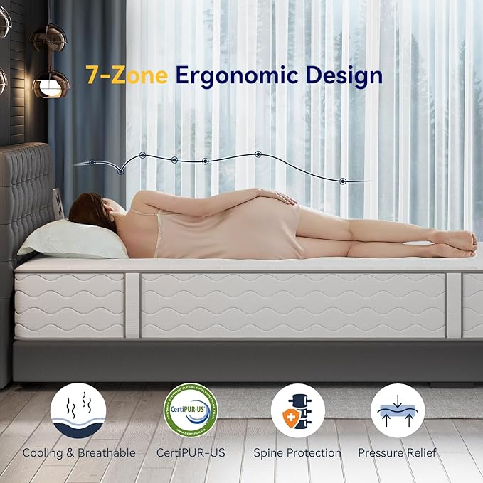 14 Inch Twin XL Hybrid Mattress, 7-Zone Green Tea & Charcoal Cooling Gel Memory Foam Mattress in a box,Pocketed Springs for Isolate Motion, Pressure Relief, CertiPUR-US Certified, Support Comfort