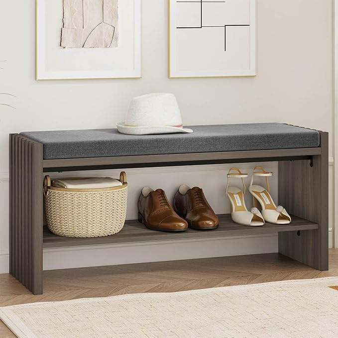 BON AUGURE Shoe Storage Bench, Entryway Bench with Cushion, Ottoman Benches for Bedroom, Living Room, Shoe Rack Seat for Hallway Entry (Greige Oak, 40 Inch Wide)