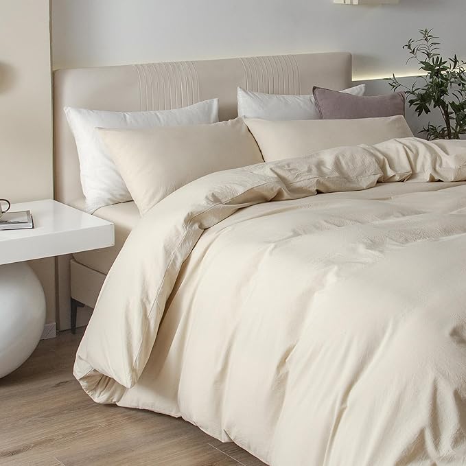 JIYUAN 100% Washed Cotton Duvet Cover Set 3 Pieces Super Queen, 1 Duvet Cover 90x98 Inches(Comforter Not Included) and 2 Pillowcases,Linen Feel Bedding Set Comfy and Breathable,Heathered Beige