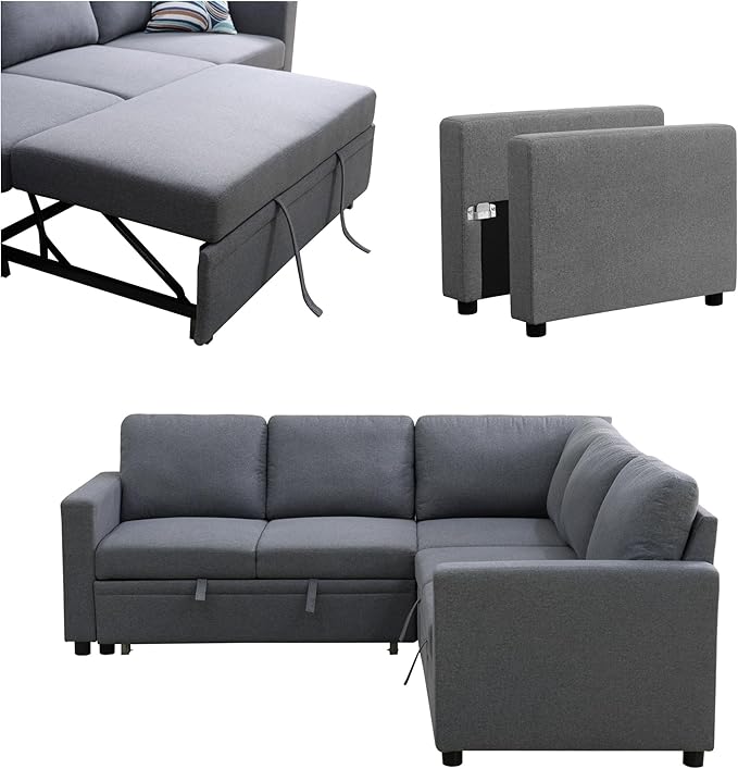 FONTOI L Shaped Sectional Couch with Pull Out Bed, Convertible Sleeper Sofa Bed Couch with Storage, Modern Modular L Shaped Sofa for Living Room, Bedroom, Apartment, Grey