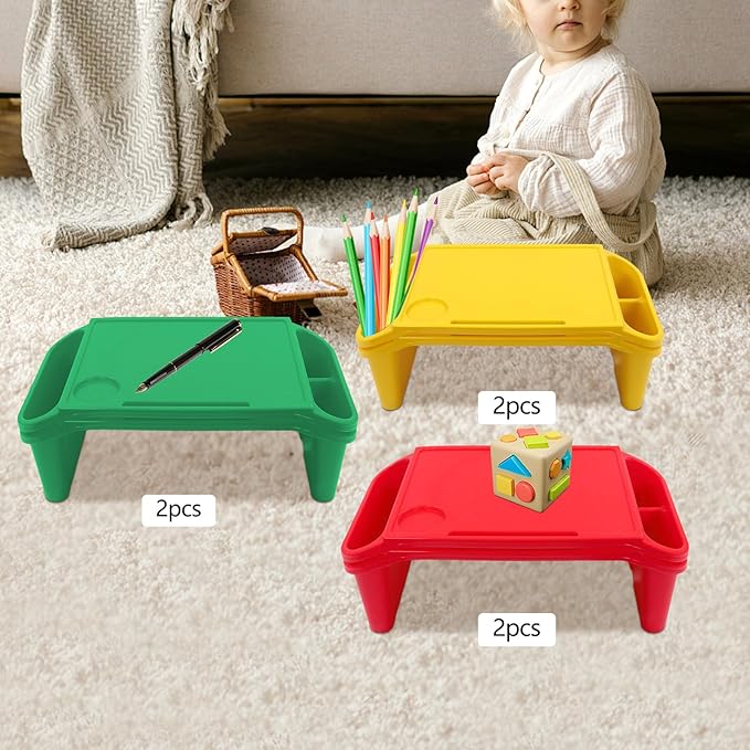 Set of 6 Kids Lap Desk Tray, Portable Activity Table, Plastic, Stackable for Drawing, Writing, Eating, Classroom, 19.69" L x 9.84" W x 7.09" H (Red, Green, Yellow)