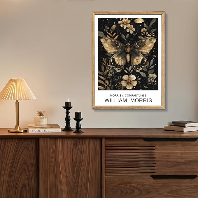 Cyebmo William Morris Wall Art, Vintage Floral Wall Decor, Dark Botanical Art Prints, Butterfly Bee Dragonfly Nature Artwork for Living Room Bedroom Bathroom Wood Framed Ready to Hang 16"x24"x3