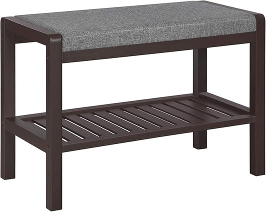 SONGMICS Shoe Rack Bench with Cushion Upholstered Padded Seat, Storage Shelf, Shoe Organizer, Holds Up to 350 lb, Ideal for Entryway Bedroom Living Room Hallway Garage Mud Room Gray and Brown ULBS65C