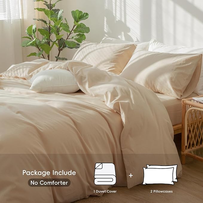 MooMee Bedding Duvet Cover Set 100% Washed Cotton Linen Like Textured Breathable Durable Soft Comfy (Solid Sandy Beige, Cal King 104"x98")