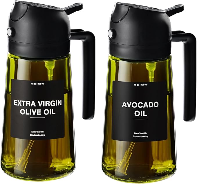 CXINYI - 16oz/470ml Olive Oil Dispenser for Kitchen with Stickers - 2 in 1 Olive Oil Sprayer for Cooking, Air Fryer, and Salad, 2 Black (Light-Proof Kitchen Gadget)