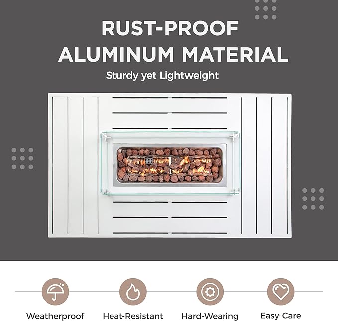 Wisteria Lane Aluminum Patio Furniture Set, 7 Seats Metal Outdoor Furniture Set with CSA Certified 54in Propane Gas Fire Pit Table, Patio Conversation Set with 5in Olefin Cover Cushions (White)