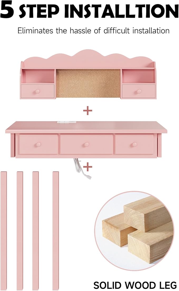 Home Office Furniture Writing Desk,Computer Work Station with Detachable Hutch,5 Drawers(Pink)