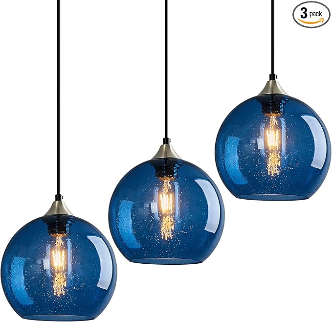 Blue Glass Pendant Lights Kitchen Island Lighting Globe Pendant Light Fixtures Modern Pendant Lighting for Kitchen Island Bedroom Living Dining Room Light Fixture(7.87in, 3-Pack)