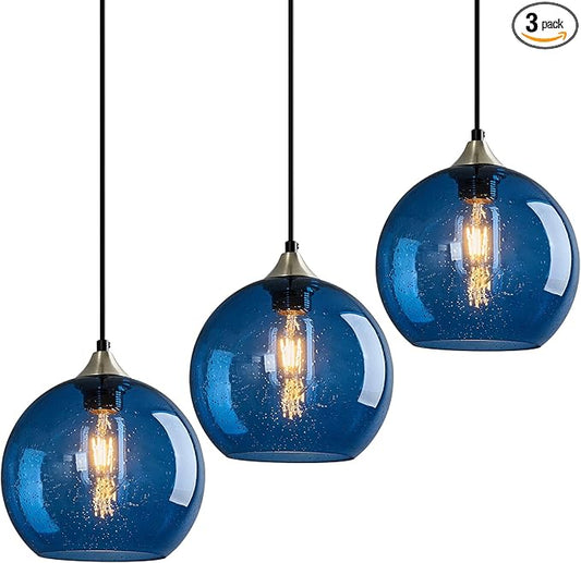 Blue Glass Pendant Lights Kitchen Island Lighting Globe Pendant Light Fixtures Modern Pendant Lighting for Kitchen Island Bedroom Living Dining Room Light Fixture(7.87in, 3-Pack)