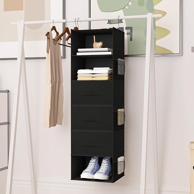 6-Shelf Hanging Closet Organizer with Drawers, Wardrobe Clothes Storage Foldable Portable Hanging Closet Shelves for Clothes Shoes, 47"x13.75"x12.25", Black