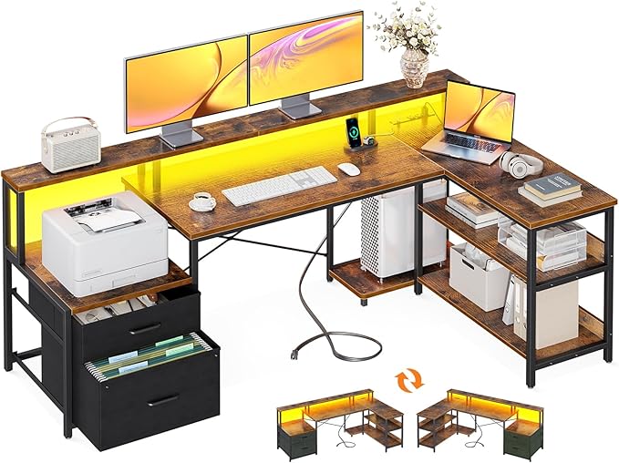 ODK L Shaped Desk with File Drawer, 66" Reversible L Shaped Computer Desk with Power Outlet & LED Strip, Office Desk with Storage Shelves, Gaming Desk with Monitor Shelf, Corner Desk, Vintage