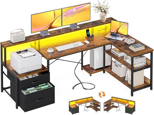 ODK L Shaped Desk with File Drawer, 66" Reversible L Shaped Computer Desk with Power Outlet & LED Strip, Office Desk with Storage Shelves, Gaming Desk with Monitor Shelf, Corner Desk, Vintage