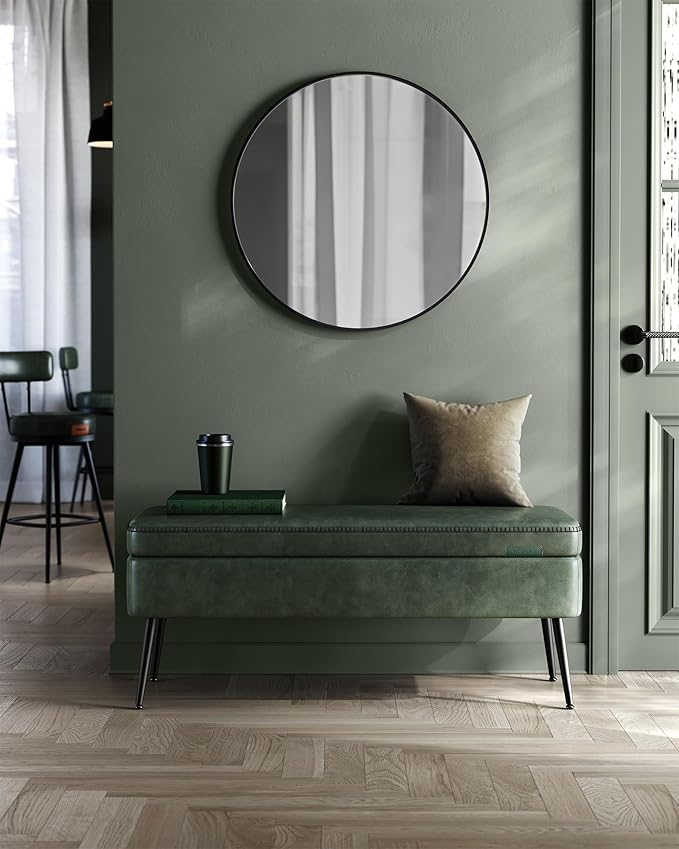 VASAGLE EKHO Collection - Storage Ottoman Bench, Entryway Bedroom Bench, 15 Gallons, Synthetic Leather with Stitching, Mid-Century Modern, Safety Hinges, Loads 660 lb, Forest Green ULOM074C01