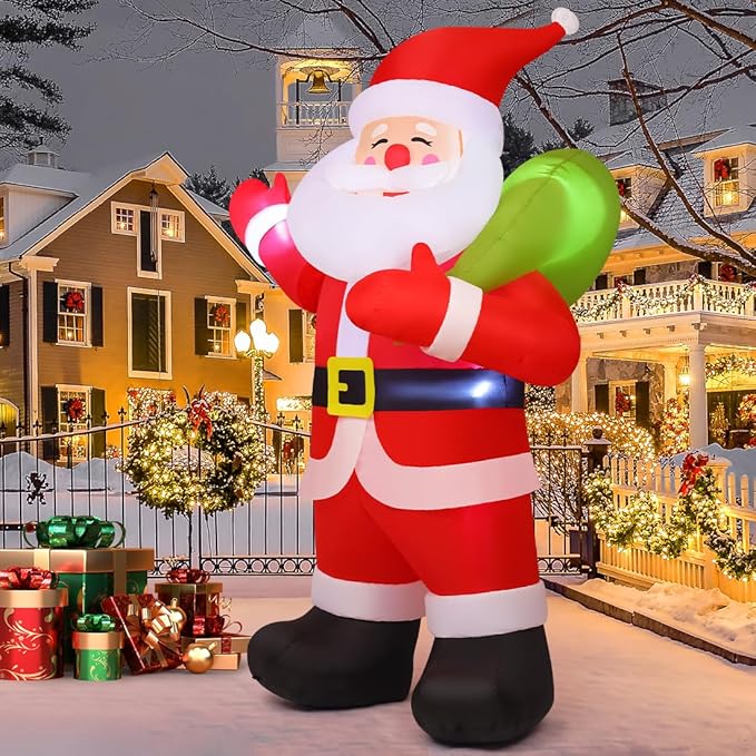 COMIN 9 FT Animated Christmas Decorations Santa Inflatables, Outdoor Christmas Santa Claus Carry Gift Bag&Shaking Hand Blow Up Yard Built-in LEDs for Indoor Xmas Party Garden Lawn Decor