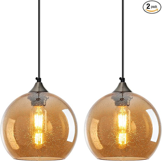 Amber Glass Pendant Lights Kitchen Island Lighting Globe Pendant Light Fixtures Modern Pendant Lighting for Bedroom Living Dining Room Light Fixture (7.87 in, 2 Pack)
