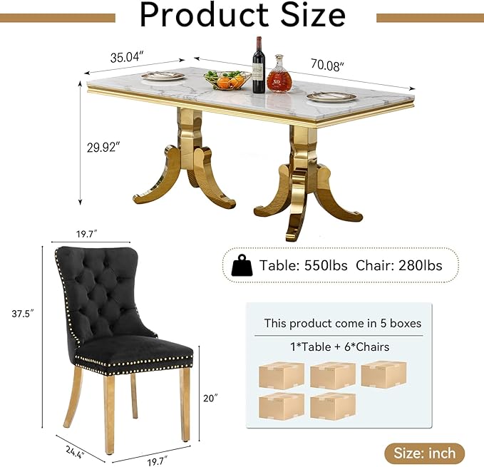 70" Faux Marble Dining Table Set for 6, 7-Piece Dining Set with White Gold Kitchen Table and 6 Velvet Tufted Chairs, Modern Rectangular Dining Room Table with American-Shape Stainless Steel Base