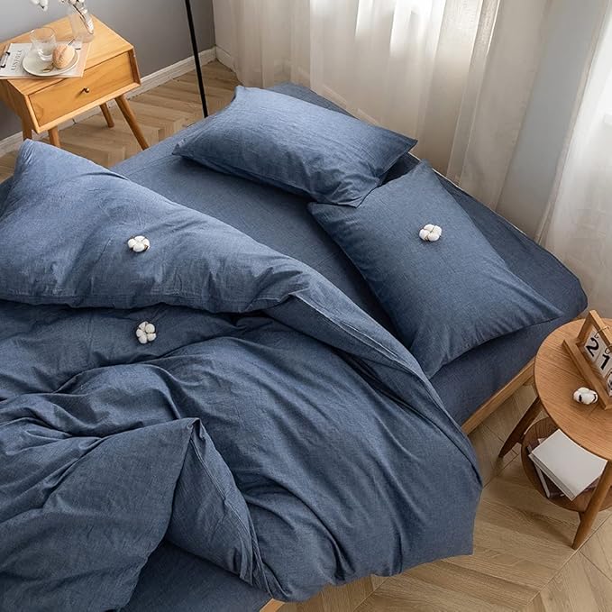 FACE TWO FACE Bedding Duvet Cover Set100% Washed Cotton Duvet Cover Linen Like Textured Breathable Durable Soft Comfy (King, Navy Blue)
