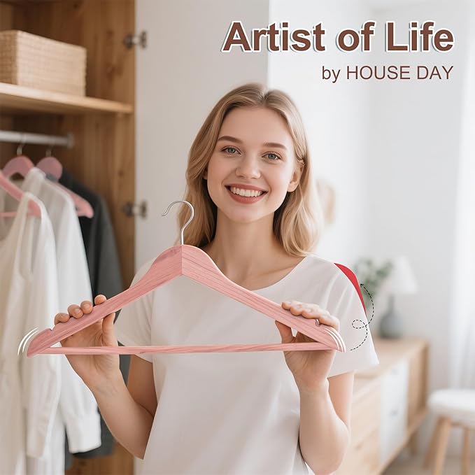 HOUSE DAY Cedar Hangers for Closet 30 Pack, Smooth Cedar Wood Hangers with Rings, 360° Swivel Hook, U-Shape Notched, Non Slip Pant Bar, Sturdy Wooden Clothes Hanger for Coats, Dresses, Suits