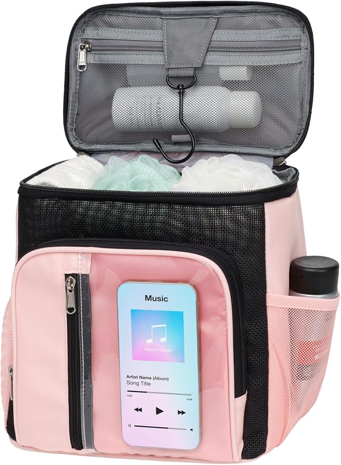 F-color Hanging Shower Caddy Portable - College Dorm Essentials for Guys with Hooks, Quick-Dry Shower Bag for Dorm Travel Gym Camping Essentials, Water-Resistant with Multiple Pockets, Light Pink