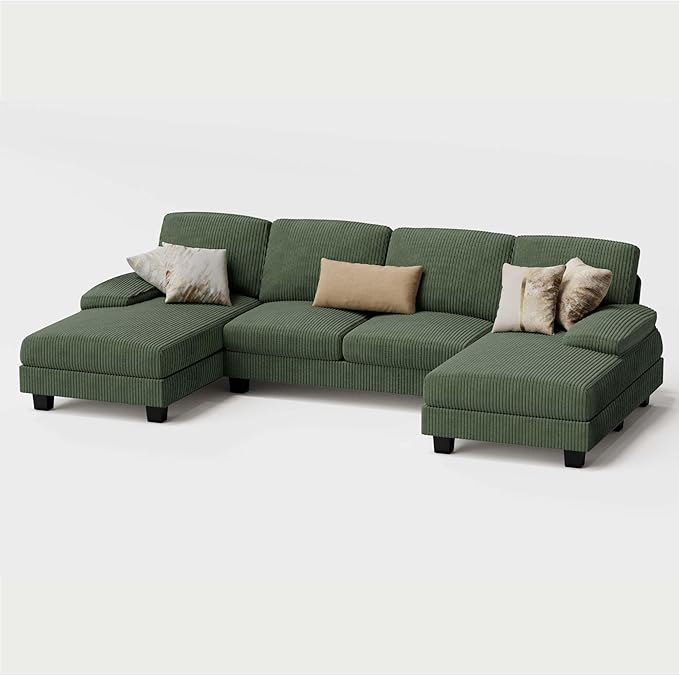 Furmax Sectional Couches for Living Room, U-Shaped Sofa Couch with Linen Fabric, 4 Seat Sofa Set with Double Chaise for Apartment (Corduroy, Dark Green)