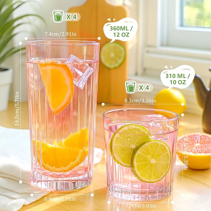 Laerjin Drinking Glasses Set of 8, 12 oz Highball Glasses & 10 oz Cocktail Glasses Set, Glassware Drinking Glasses, Glassware Sets for Cocktail, Beer, Wine, Whiskey, Water & Juice Drinkware(Pink)