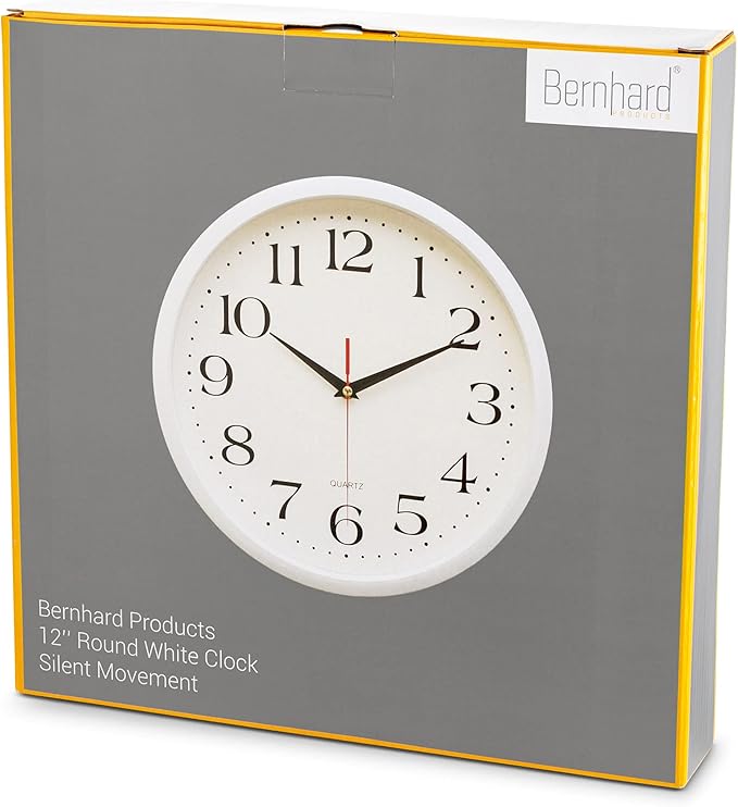 Bernhard Products White Wall Clock Silent Non Ticking, 12 Inch Quality Quartz Battery Operated Round Easy to Read Home/Office/Kitchen/Classroom/School Sweep Clock, Black Hands