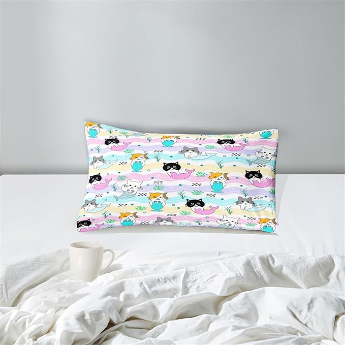 Cat Twin Bedding Set 2Pcs - Cartoon Mermaid Tail Cat Twin Comforter Set for Girls Bedroom Ultra Soft Warm Kitty Comforter Set for Girls Room Decor with 1 Cat Comforter and 1 Pillowcase, Twin Size