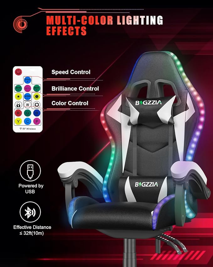 Bigzzia Gaming Chair with RGB LED Lights, High Back Ergonomic Computer Gamer Chair with Headrest and Lumbar Support, Racing Style Reclining Game Chair for Adults, Kids(Black/White)
