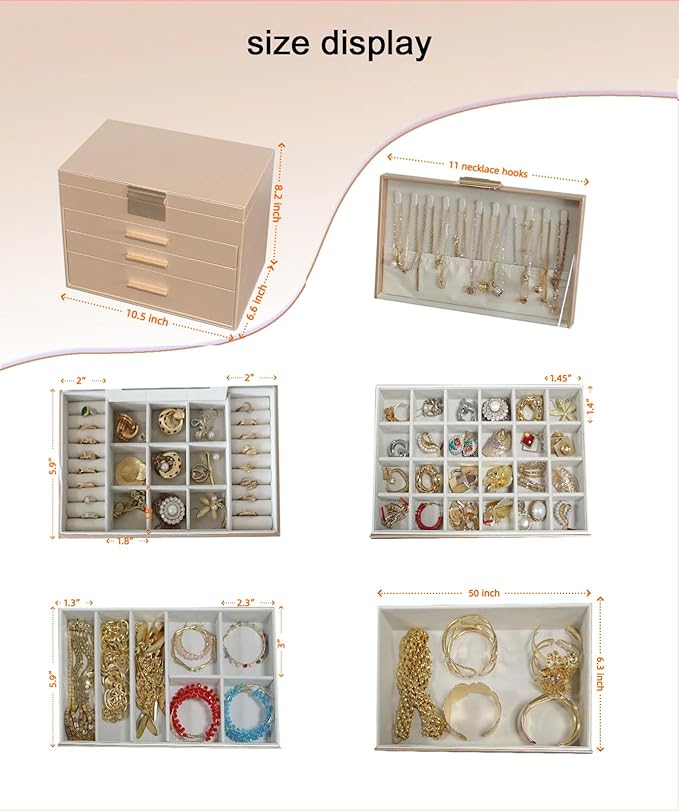 BOOVO Jewelry Boxes for Women, 5 Layer Jewelry Organizer with Necklace Hanger and Drawers, Large Jewelry Box for Earrings, Necklace and Bracelet Storage Gifts for Women and Girls (Gold, 5 Layer)