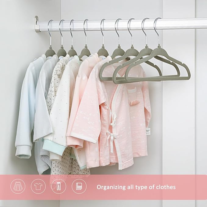 ManGotree 11" Baby Velvet Hangers, Non-Slip Infant Coat Hangers, Ultra-Thin Toddler Felt Hanger with 360° Swivel Hook, Space Saving Children's Hanger for Kids Clothes, 48 Pack (Grey)